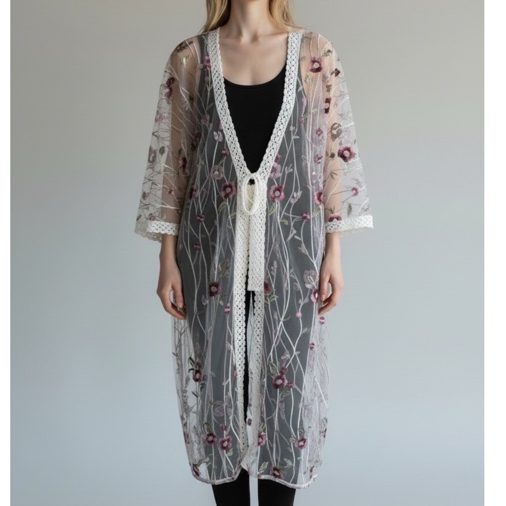 Cupshe White Sheer Floral Embroidered Mesh Kimono Crochet Trim Cover Up One Size